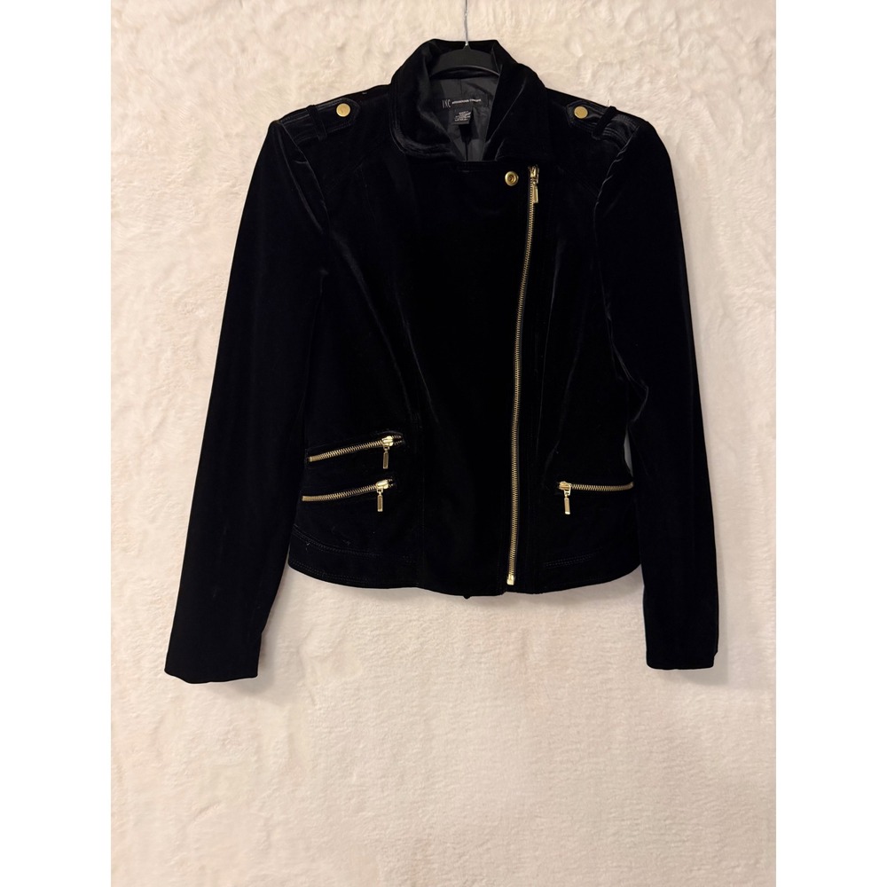 INC International Concepts Womens Black Velvet Moto Jacket Gold Zip Small
